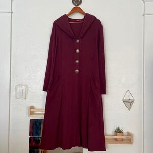 Barbara Lesser Burgundy Cotton Hooded Cardigan Duster Coat Ornate Buttons M